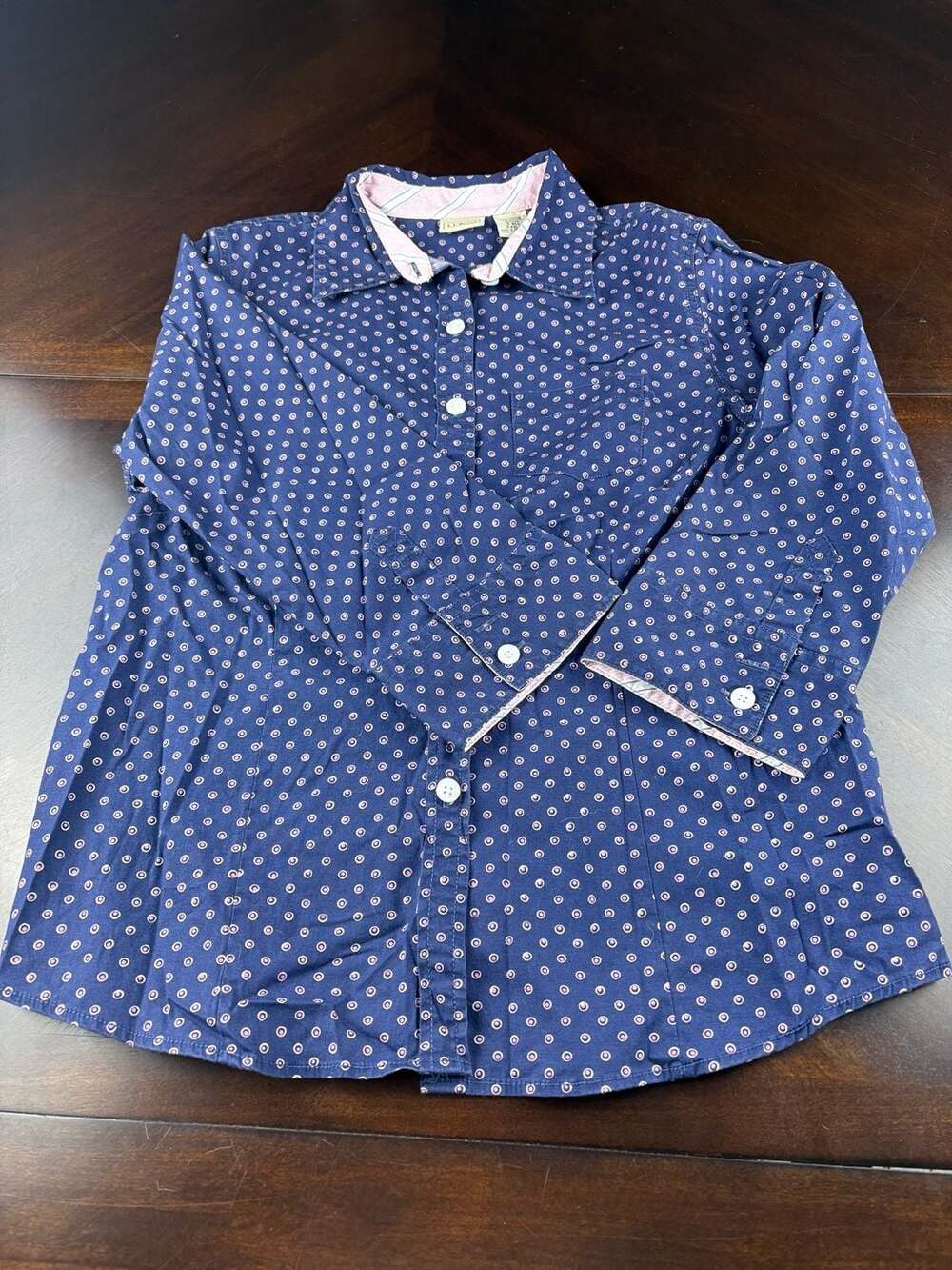 L.L.Bean Women’s Small Navy Blue Pink Geometric Print Stretch Button Up Shirt